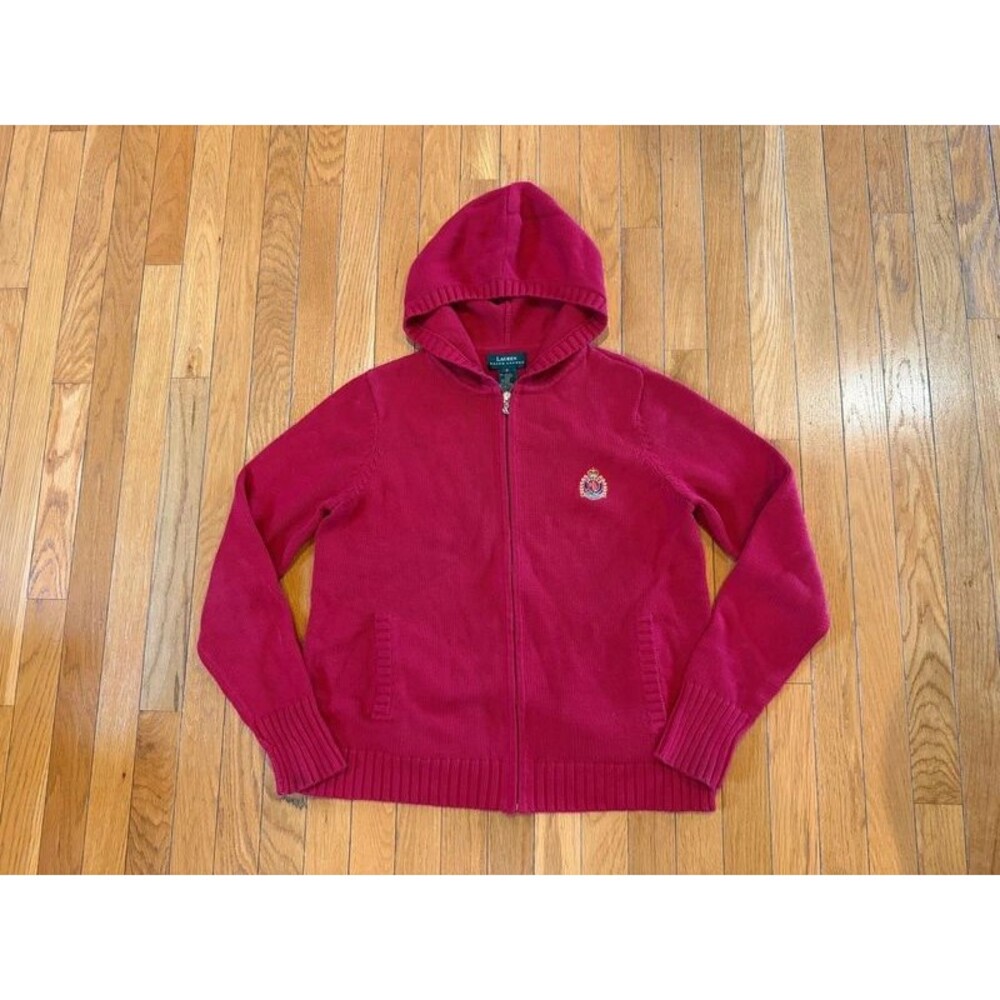 Ralph Lauren Hooded Zipper Front Cardigan Sweater Small Red